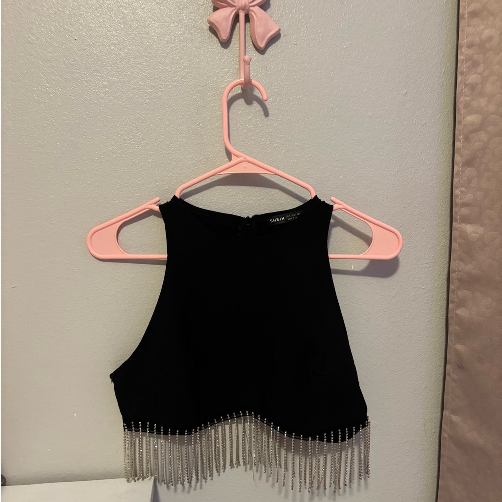 Black Sleeveless Top with Fringe Detail
